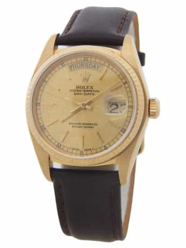 Mens Rolex 18K Gold Day-Date 18038 Watch with Champagne Linen Dial (SKU 5415910FPAMT)