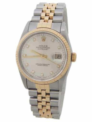 Mens Rolex Two-Tone Datejust Factory Silver Diamond Dial 16233 (SKU X421486AMT)