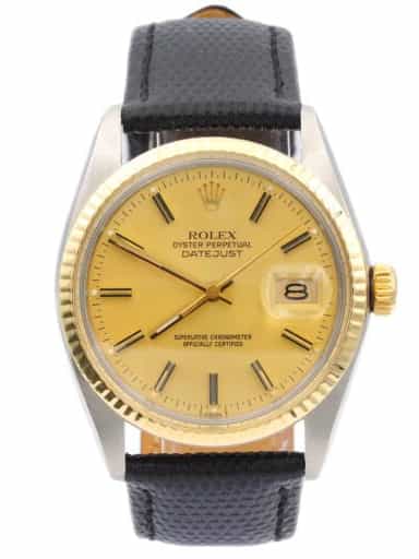 Mens Rolex Two-Tone Datejust 16013 Gold Champagne Dial Watch with Black Strap (SKU 5357927AMT)