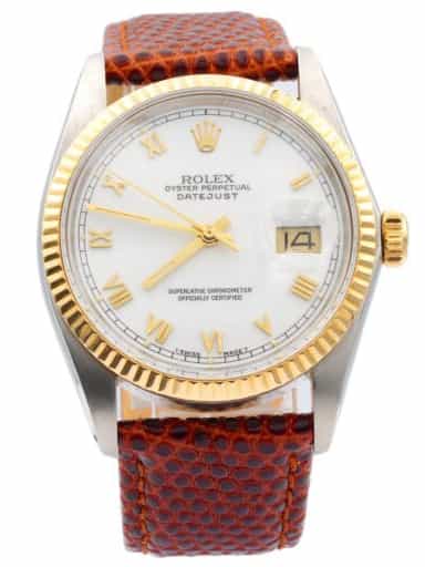Mens Rolex Two-Tone 18K/SS Datejust Watch with White Roman Dial 16013 (SKU 9898728AMT)