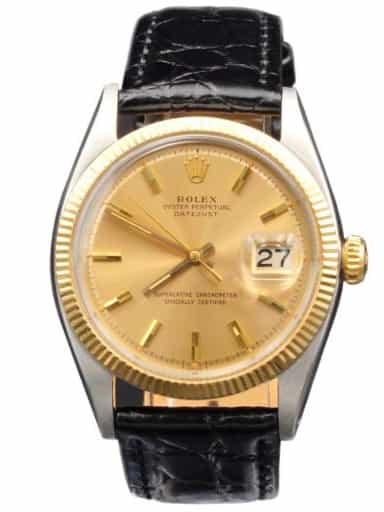 Mens Rolex Two-Tone Datejust 1601 Gold Champagne Dial Watch with Black Strap (SKU 581702AMT)