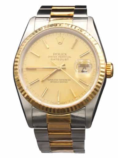 Mens Rolex Two-Tone 18K/SS Datejust Watch Gold Champagne Dial 16233 (SKU E773360OAMT)