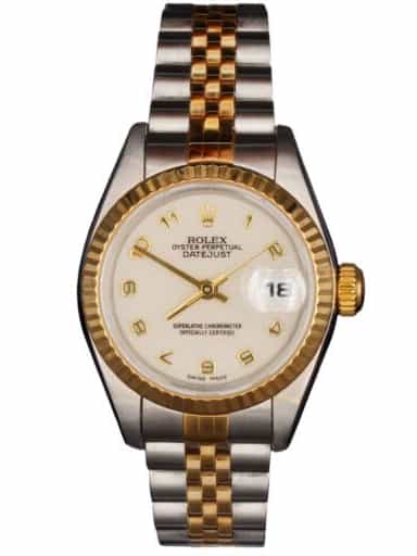 Rolex Datejust 79173 Ladies 18K Gold Steel Watch with Ivory Anniversary Arabic Dial (SKU A214019AMT)