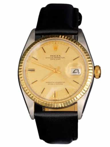 Mens Rolex Two-Tone Datejust 1601 Gold Champagne Dial Watch with Black Strap (SKU 3170657BLAMT)