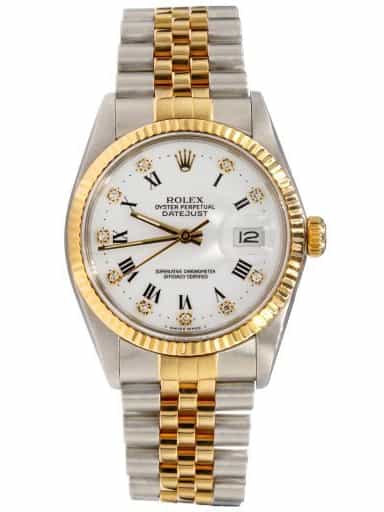 Mens Rolex Two-Tone 18K/SS Datejust Watch White Diamond Roman Dial 16013 (SKU R511519DAMT)