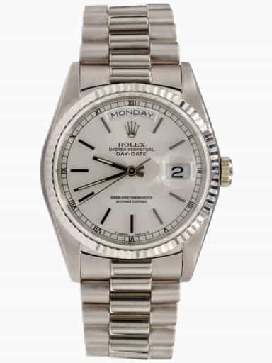 Mens Rolex 18K Gold Day-Date Watch President Silver Dial 18239 (SKU W843116AMT)