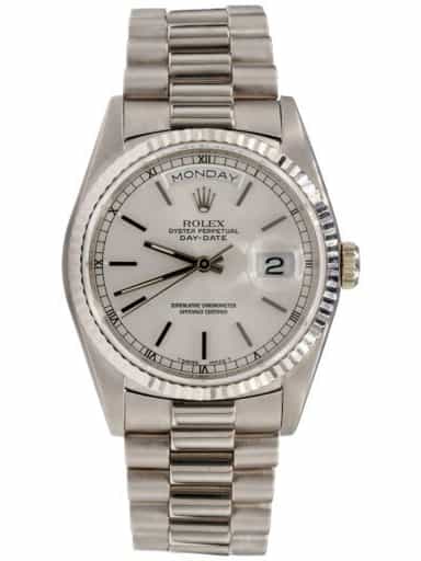 Mens Rolex 18K Gold Day-Date Watch President Silver Dial 18239 (SKU W843116AMT)