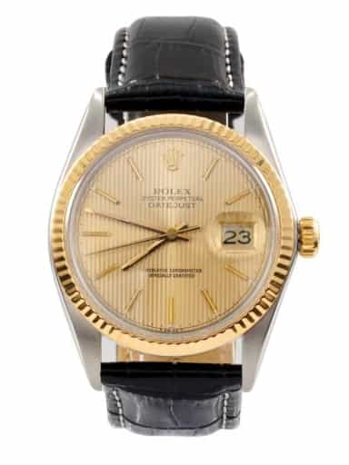 Mens Rolex Two-Tone 18K/SS Datejust Watch Gold Champagne Tapestry Dial 16013 (SKU 9374825AMT)