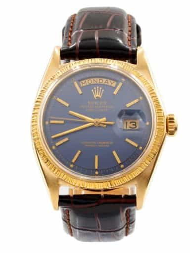 Mens Rolex 18K Yellow Gold Day-Date Bark Bezel Watch with Blue Dial 1807 (SKU 2345181AMT)