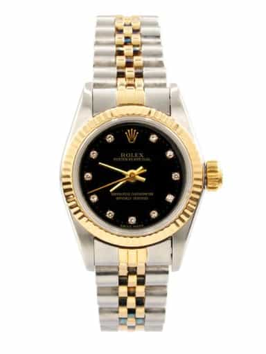 Ladies Rolex Two-Tone 18K/SS Oyster Perpetual Watch Black Diamond Dial 67193 (SKU 9835735AMT)