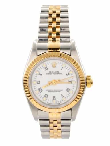 Pre Owned Ladies Rolex 2Tone Oyster Perpetual Watch White Roman Dial 76193 (SKU P800671AMT)