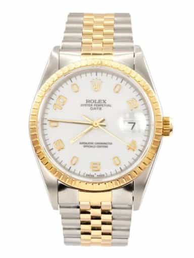 Mens Rolex Two-Tone 18K/SS Date Watch White Arabic Dial 15223 (SKU S857803AMT)