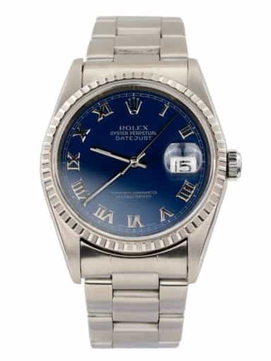 Mens Rolex Stainless Steel Datejust Watch Blue Roman Dial 16220 (SKU B16220FPAMT)