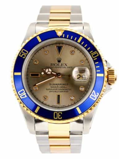 Mens Rolex Two-Tone Submariner Watch 16613 Slate Factory Serti Diamond Dial (SKU N415832AMT)