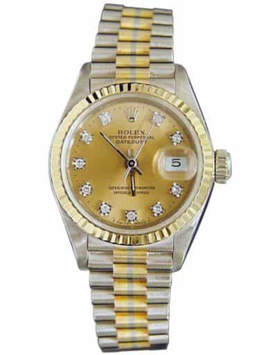 Ladies Rolex 18K Tridor Datejust President Champagne Diamond 69179B (SKU E256160MT)