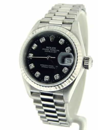 Ladies Rolex 18K White Gold Datejust President Black Diamond 79179 (SKU K415670MT)