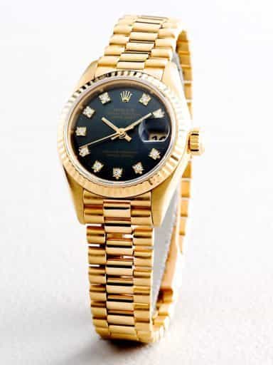 Ladies Rolex 18K Yellow Gold Datejust President Black Diamond 69178 (SKU 69178BLKMT)