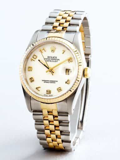 Mens Rolex Two-Tone 18K/SS Datejust White Arabic 16233 (SKU 16233111MT)