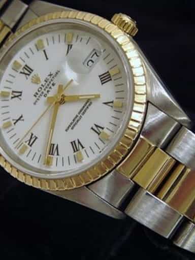 Pre Owned Mens Rolex Two-Tone Date Watch with a White Roman Dial 15223 (SKU T882727M)
