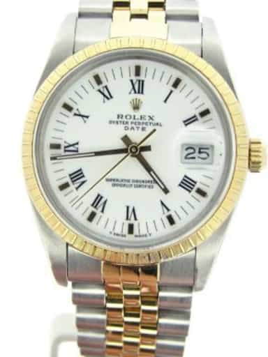 Pre Owned Mens Rolex Two-Tone Roman Date with a White Dial 15053 (SKU L250491)
