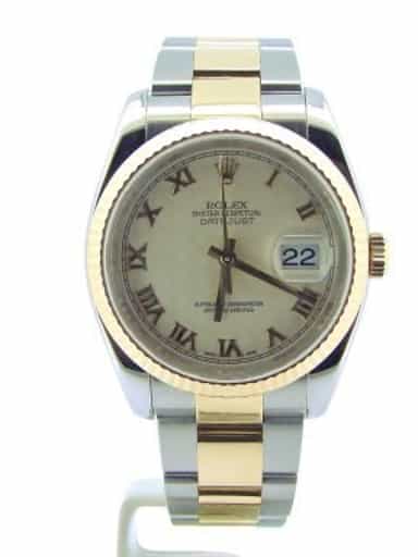 Mens Rolex Datejust 116233 Two-Tone 18k Gold and Steel Watch with Pyramid Roman Dial (SKU F670294NM)