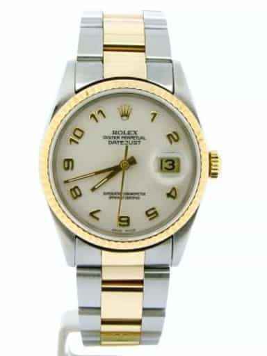 Mens Rolex Two-Tone Yellow Gold/ Stainless Steel Datejust White Arabic 16233 (SKU X402677NOYSBCMT)