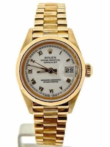 Ladies Rolex 18K Yellow Gold Datejust President White Roman 69278 (SKU 9292482NMT)