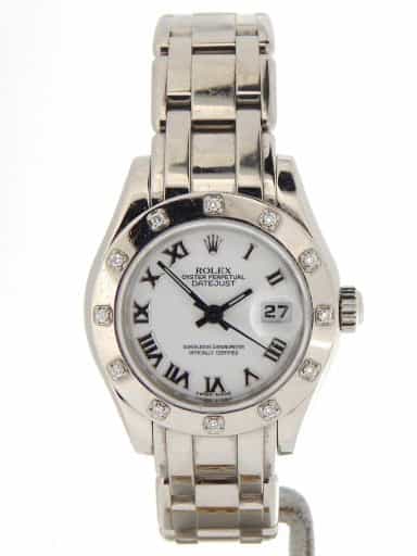 Ladies Rolex 18K White Gold Datejust Pearlmaster White Roman 80319 (SKU D805030NMT)
