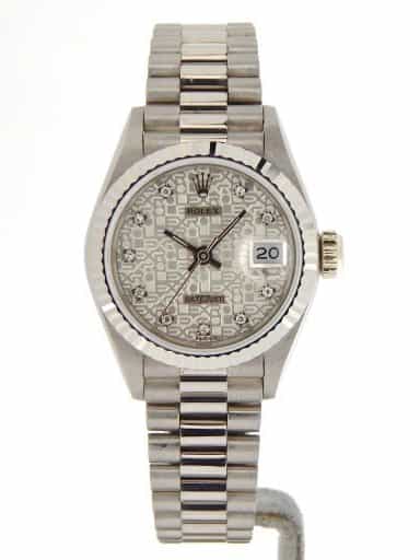 Ladies Rolex 18K White Gold Datejust President Silver Diamond 69179 (SKU L853088NMT)