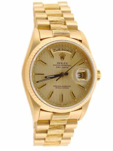 Mens Rolex 18K Gold Day-Date President with Bark Finish and Fluted Bezel (SKU W120442NBRKMT)