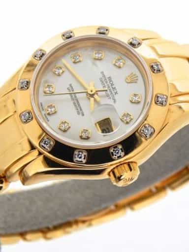 Ladies Rolex 18K Yellow Gold Datejust Pearlmaster White MOP Diamond 69318 (SKU W074718NMTP)