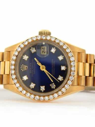 Ladies Rolex 18K Yellow Gold Datejust President Watch Blue Vignette Diamond 69178 (SKU L3BL59V476MT)