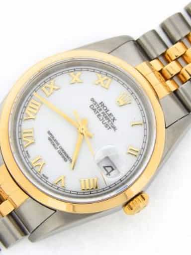 Mens Rolex Two-Tone 18K/SS Datejust White Roman 16203 (SKU K101218JMT)