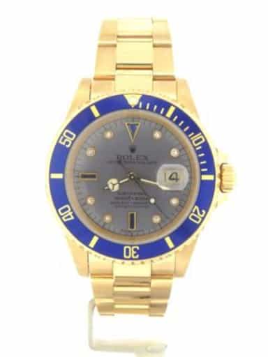 Mens Rolex 18K Yellow Gold Submariner Slate Diamond Blue 16618 (SKU A688645NNMT)