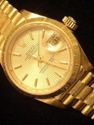 Ladies Rolex 18K Gold Datejust President Bark Tapestry 69278 (SKU 627MT)