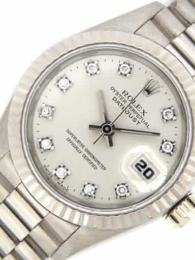Ladies Rolex 18K White Gold Datejust President Silver Diamond 69179 (SKU R823461)