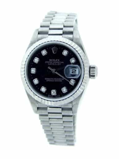 Ladies Rolex 18K White Gold Datejust President Black Diamond 69179 (SKU DJ4362MT)