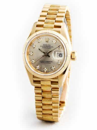 Ladies Rolex 18K Yellow Gold Datejust President Silver Diamond 69278 (SKU 69278DJMT)