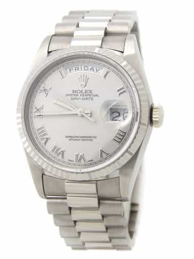 Mens Rolex 18K Gold Day-Date President Silver Roman 18239 (SKU 18239SLVRMT)