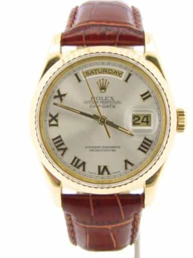 Mens Rolex 18K Gold Day-Date Silver Roman 18238 (SKU 18238SILMT)