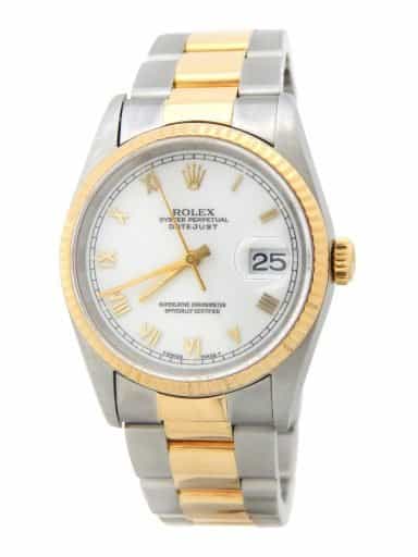 Mens Rolex Two-Tone 18K/SS Datejust White Roman 16233 (SKU T119424AMT)