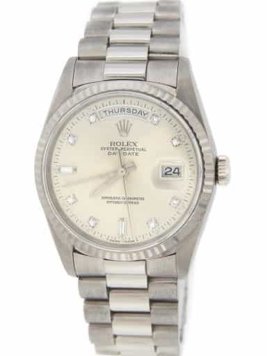 Mens Rolex 18K Gold Day-Date President Watch Silver Diamond Dial 18239 (SKU E560517AMT)