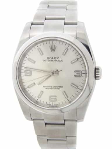 36mm Rolex Stainless Steel Oyster Perpetual Watch Silver Arabic Dial 116000 (SKU 49E591E5AMT)
