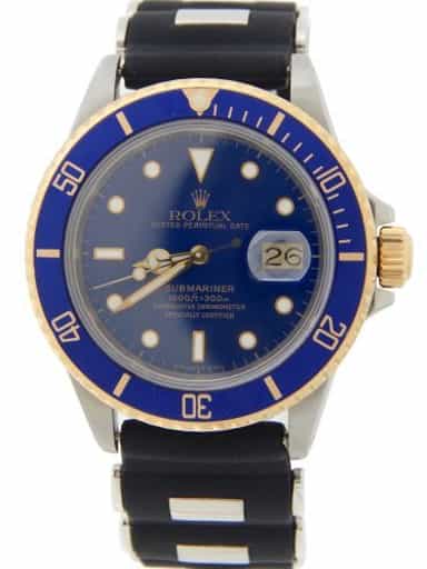 Mens Rolex Two-Tone 18K/SS Submariner Watch Blue 16803 with Rubber Strap (SKU 9301293AMT)