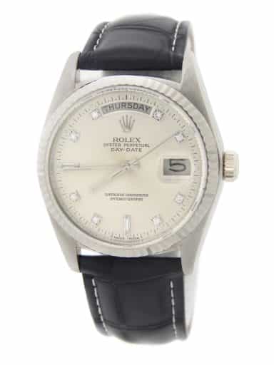 Mens Rolex 18K Day Date Watch 18039 with Silver Diamond Dial (SKU 18039SLVFDAMT)