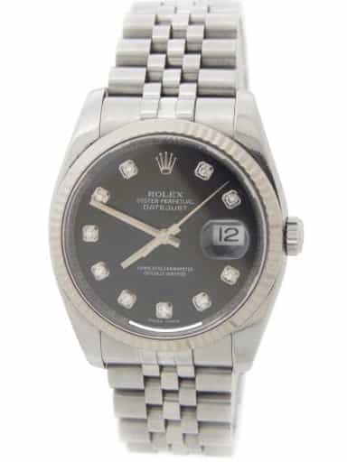 Mens Rolex Stainless Steel Datejust Watch Black Diamond 116234 (SKU 116234BLKAMT)