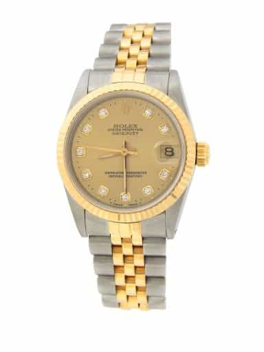 Ladies Mid Size Rolex Two-Tone Datejust Watch Champagne Diamond 68273 (SKU 961A412AMT)