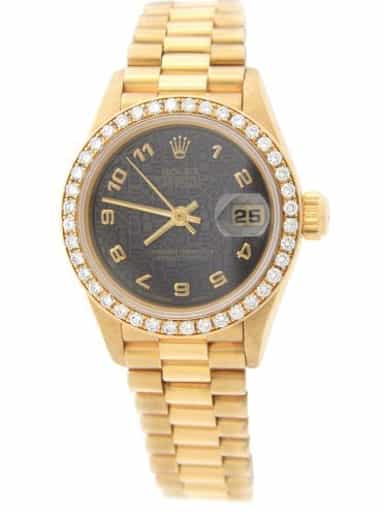 Ladies Rolex 18K Yellow Gold Datejust President Watch 69178 with Factory Diamond Bezel (SKU W621456SGAMT)