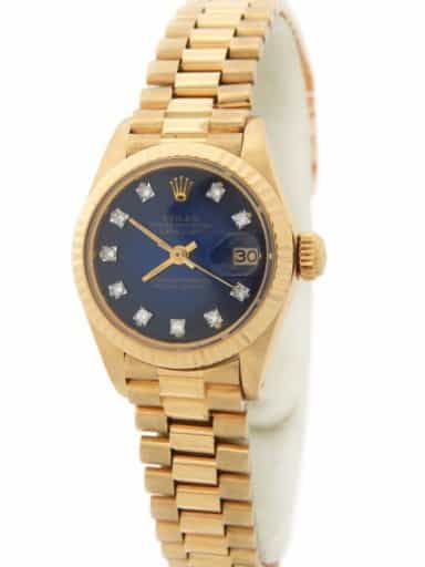 Ladies Rolex 18K Yellow Gold Datejust President Watch 6917 Blue Vignette Diamond (SKU 6525049AMT)