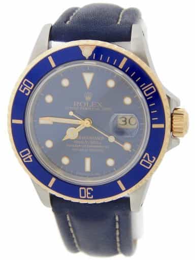 Mens Rolex Two-Tone Submariner 16803 with Blue Strap (SKU 9301293BLUEAMT)